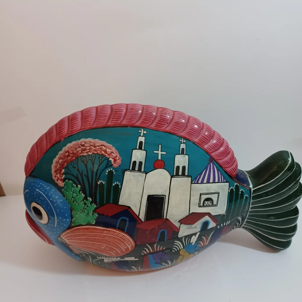 Handpainted Terracotta Mexican Folk Art Large Fish 15X9.5